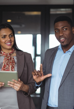Two business professionals having a conversation